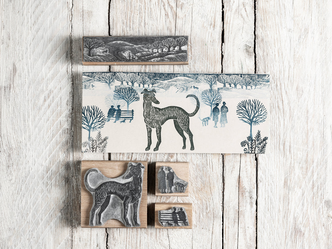 Greyhound Dog Stamp with Winter Landscape Scene Rubber Stamp - Noolibird
