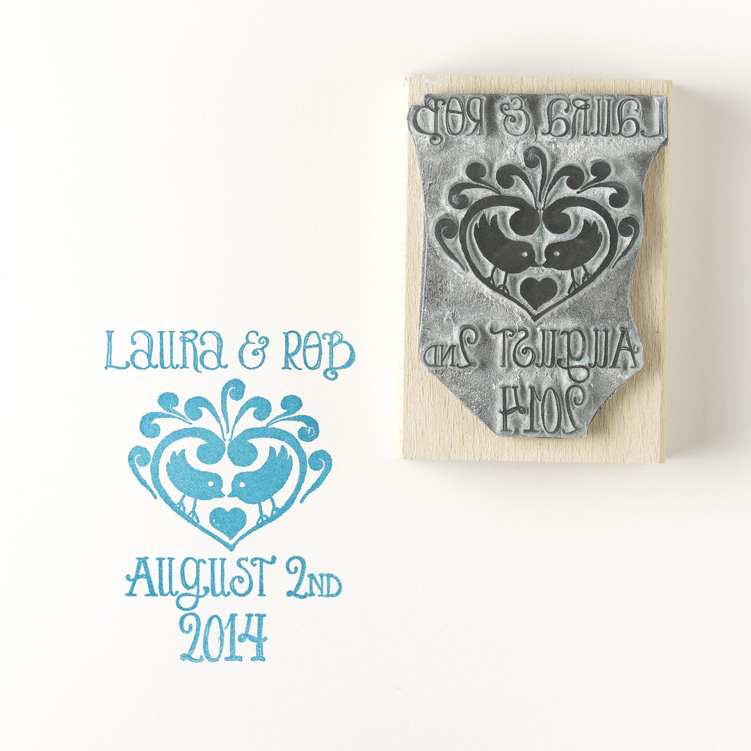 Small Two Birds  Heart Personalised Save the Date/Wedding Invitation Rubber Stamp - Noolibird