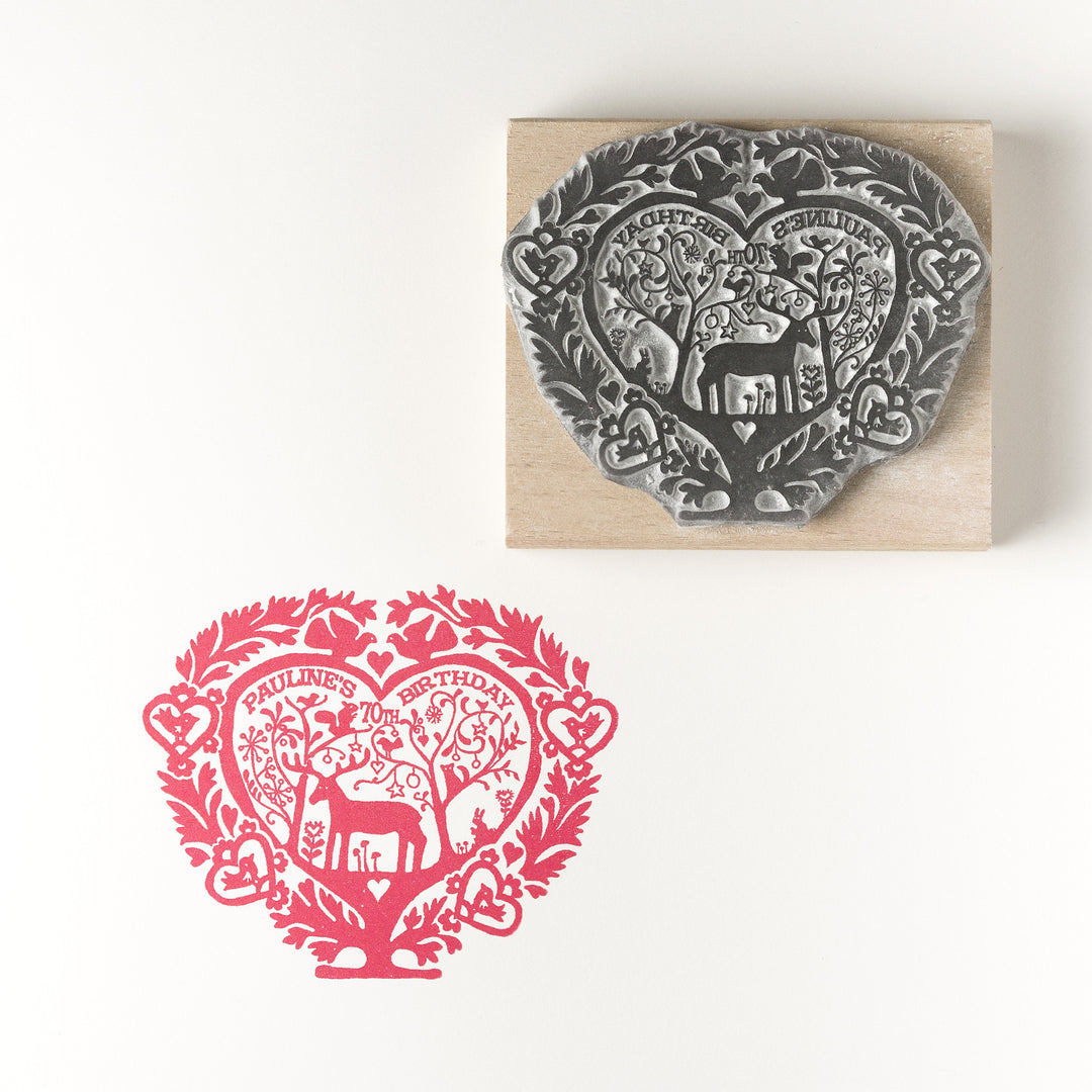 Personalised Folk Heart Birthday/Wedding Invitation Rubber Stamp (med size) - Noolibird