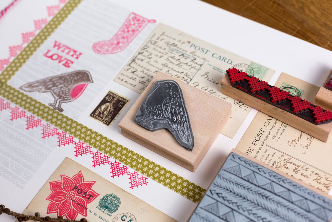 Collection of lino cut style christmas rubber stamps - Noolibird