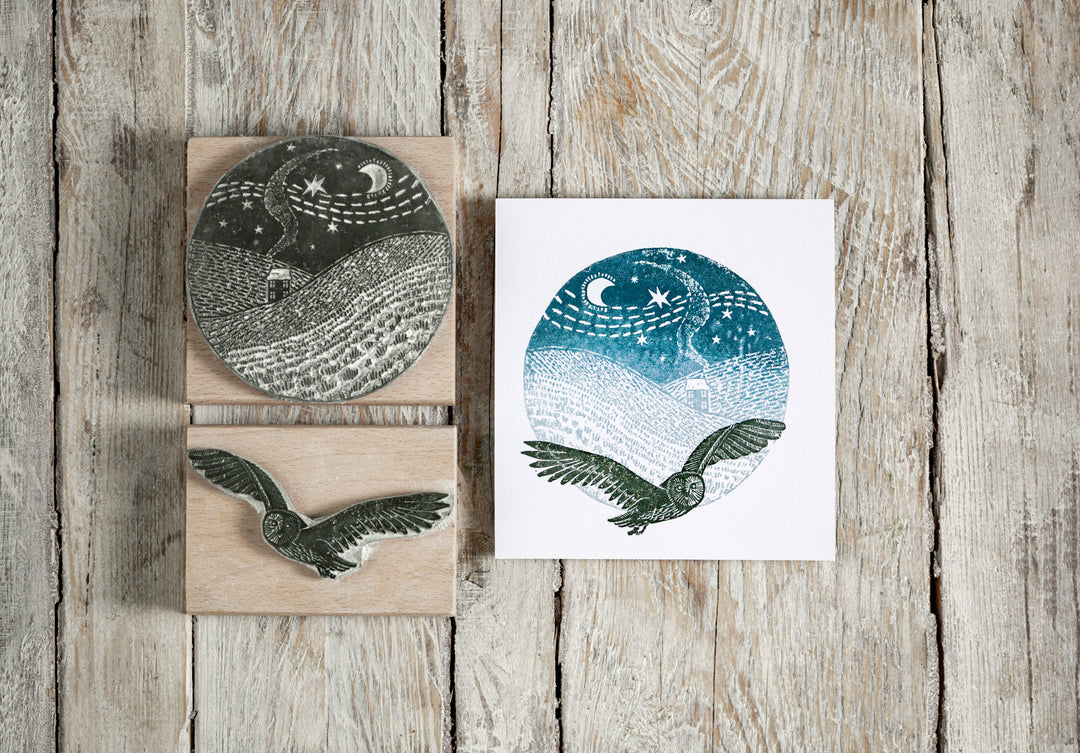 Flying Owl Rubber Stamp, Snowy Landscape Rubber Stamp, Christmas Stamp - Noolibird