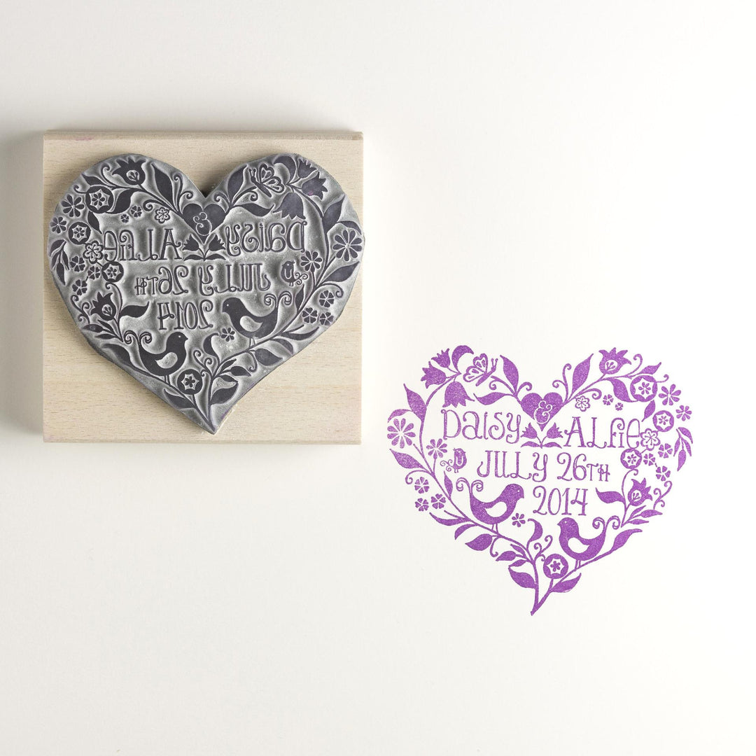 Floral Wedding Heart Personalised Save the Date/Wedding Invitation Rubber Stamp (med size) - Noolibird