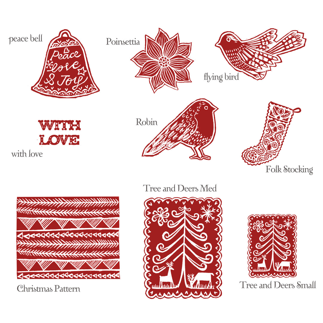 Collection of lino cut style christmas rubber stamps - Noolibird