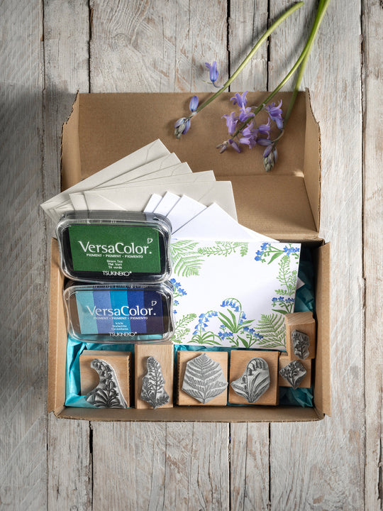 Bluebell, Forget-me-not and Fern Craft Gift Set, Craft Gift Box, Botanicals Craft Gift Box, Wood Mounted Stamps and Ink Pad Set.