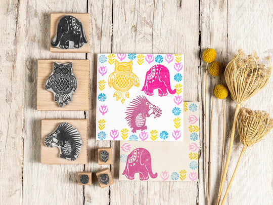 Set of Six Retro Animal Stamps and Tiny Folk Flower Rubber Stamps