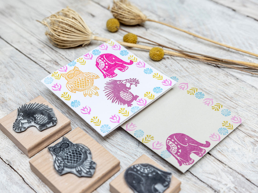 Set of Six Retro Animal Stamps and Tiny Folk Flower Rubber Stamps