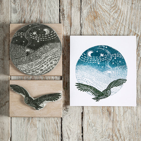 Owl and Landscape Rubber Stamping Craft Gift Set, Craft Gift Box for Card making, Wooden Stamp Set - three ink pads, cards & envelopes. - Noolibird