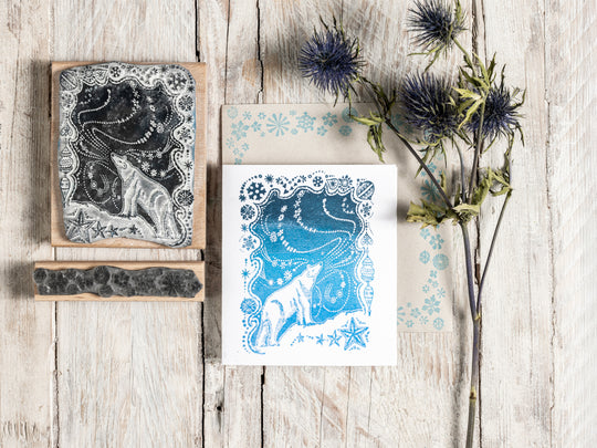 Polar Bear and Northern Lights Christmas Rubber Stamp | Stamp for Christmas Card Making