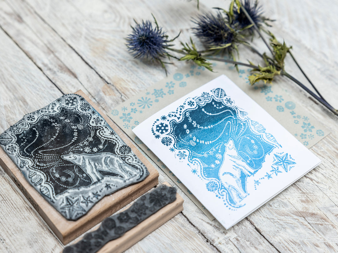 Polar Bear and Northern Lights Christmas Rubber Stamp | Stamp for Christmas Card Making