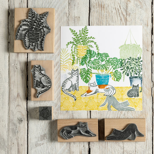 Cat Rubber Stamps With House Plants and Decorative Tile Stamps - Noolibird