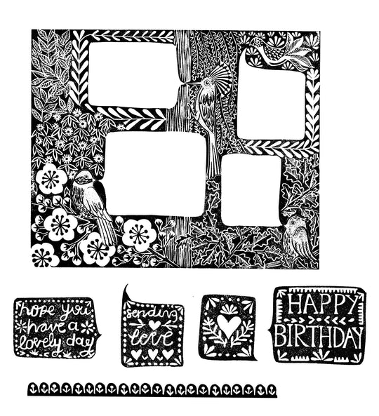 Birthday Card Rubber Stamps with Birds, Flowers and Speech Bubbles, card making supplies, special Birthday Card Design - Noolibird