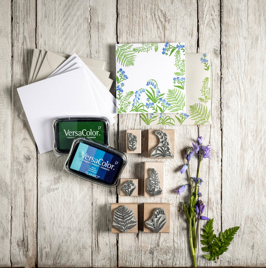 Bluebell, Forget-me-not and Fern Craft Gift Set, Craft Gift Box, Botanicals Craft Gift Box, Wood Mounted Stamps and Ink Pad Set.