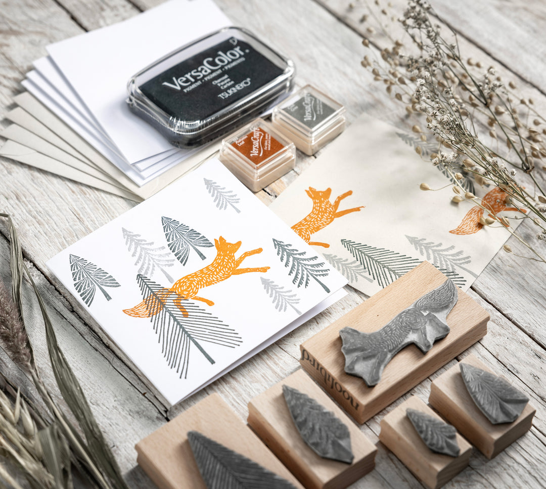 Rubber Stamp Craft Gift Set, Fox and Fir Tree Craft Gift Box, Stamping set Gift.