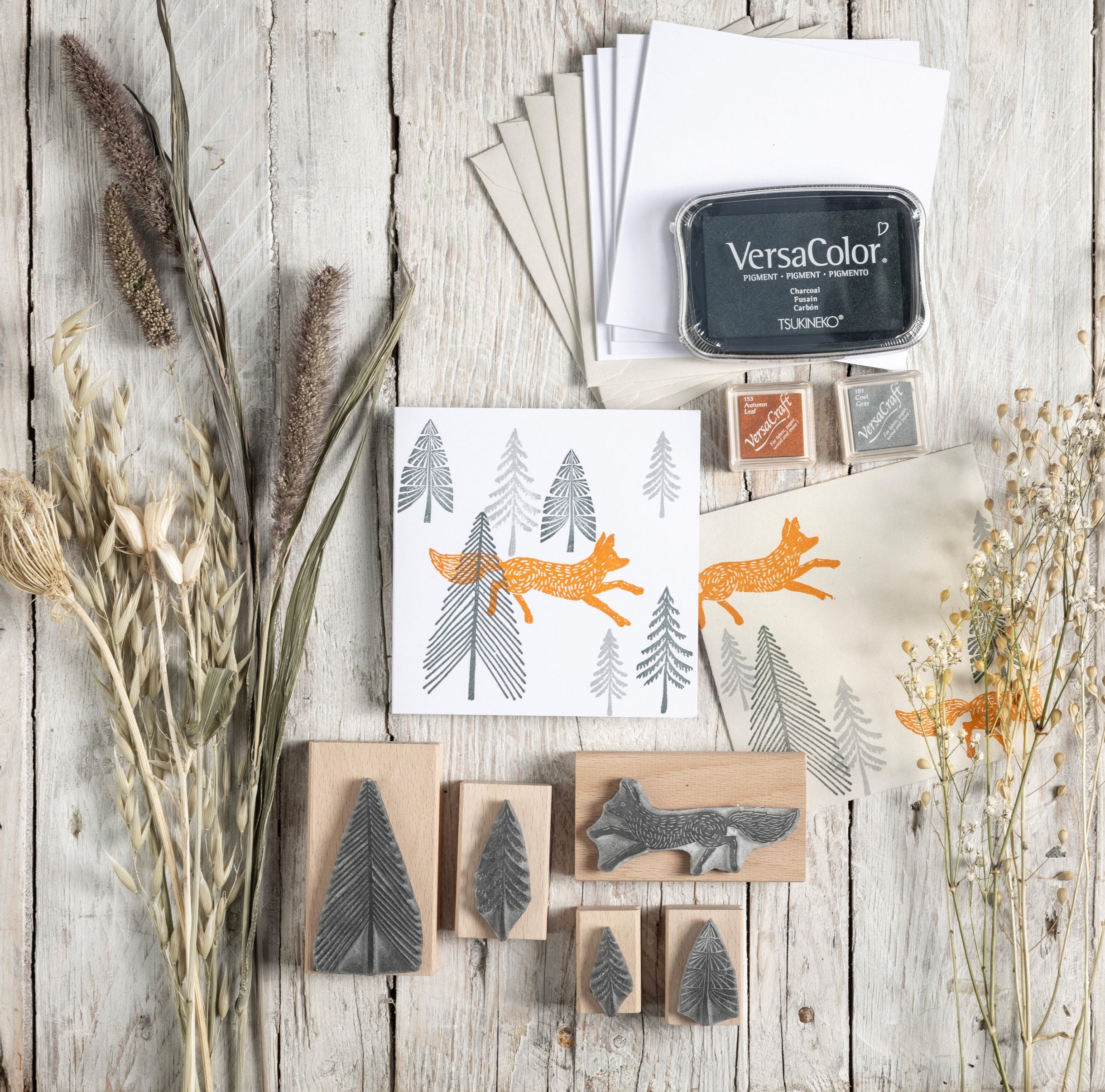 Rubber Stamp Craft Gift Set, Fox and Fir Tree Craft Gift Box, Stamping set Gift. - Noolibird