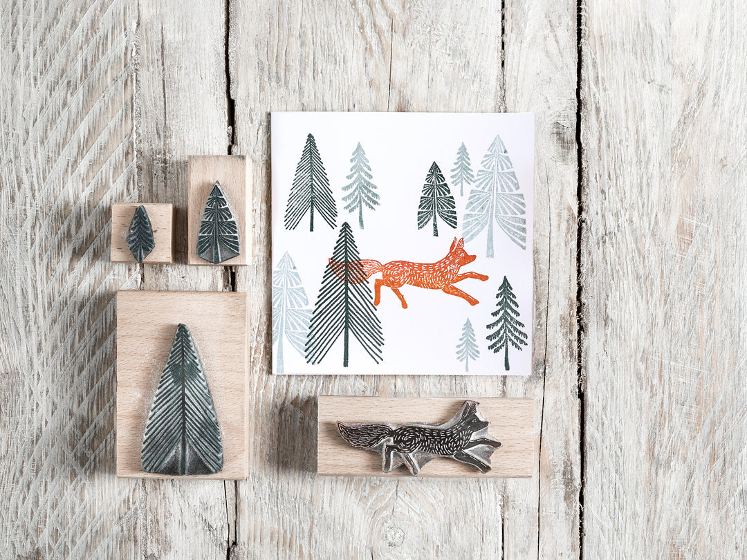 Fox and Fir Tree Rubber Stamps, Christmas Stamp for card making - Noolibird