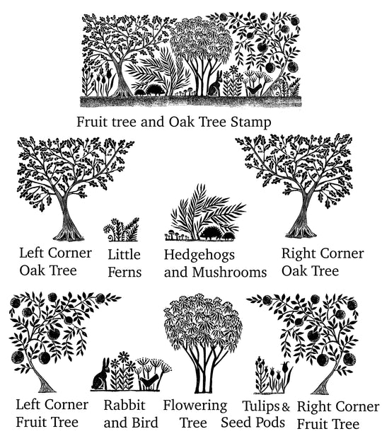 Fruit Tree and Oak Tree Stamps With Pretty Garden Stamps and Hedgehogs - Noolibird
