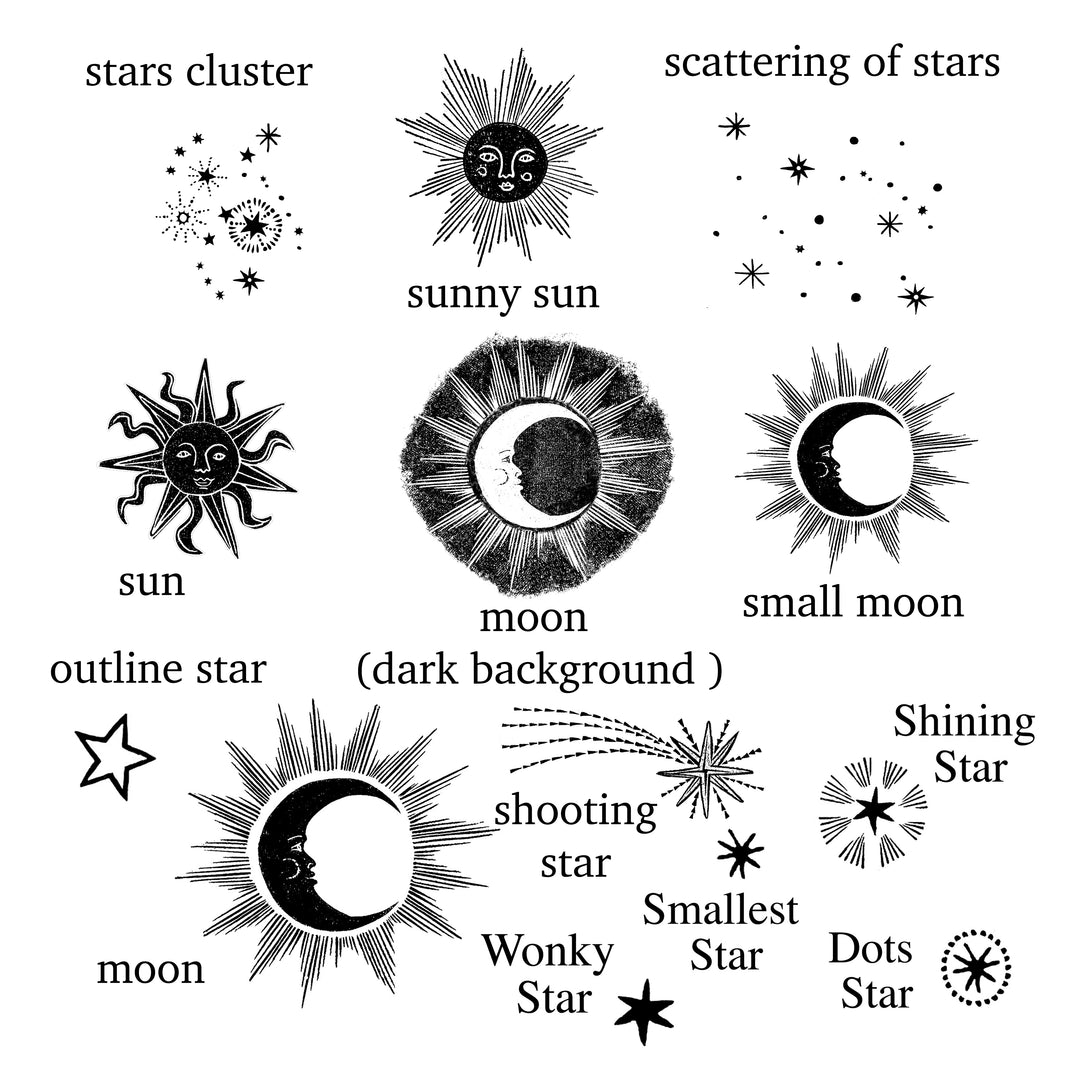 Sun, Moon and Stars Celestial Rubber Stamps for Card making and Craft Gift - Noolibird