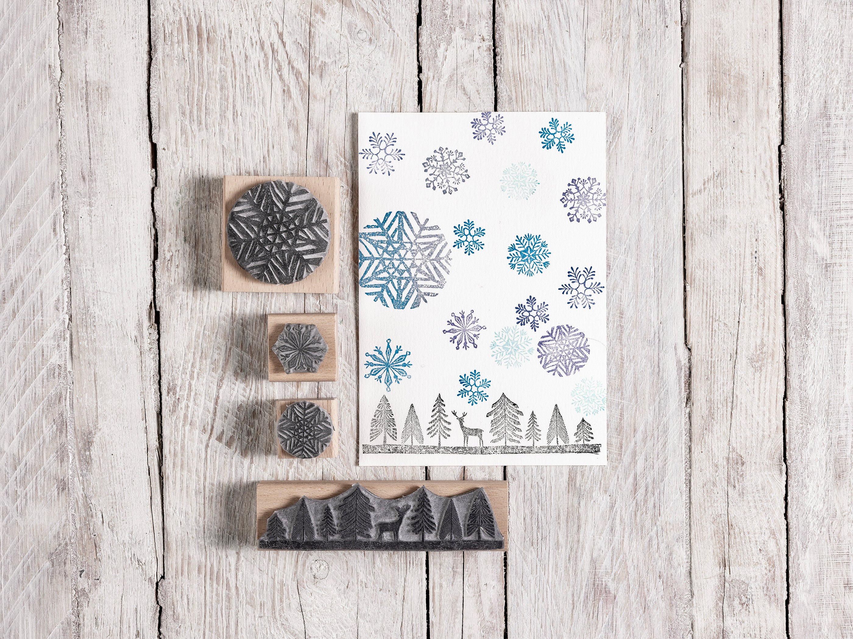 Fir Tree and Deer Border Rubber Stamp and Snowflakes - Noolibird