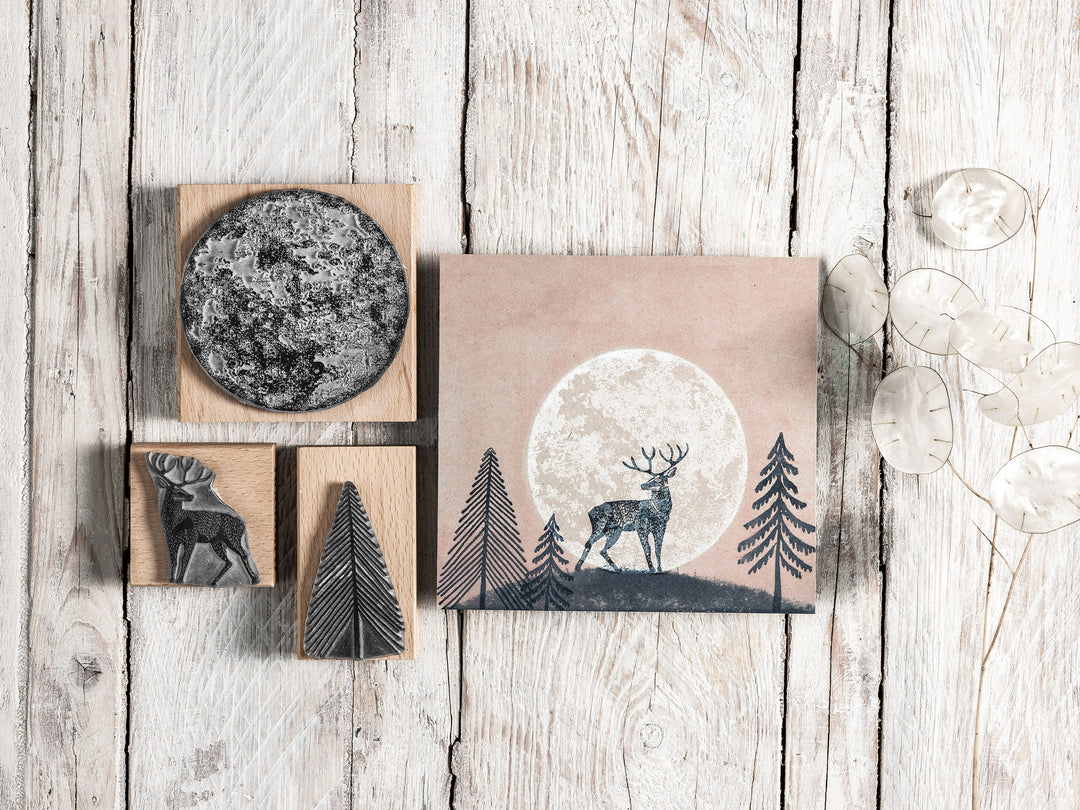 Highland Stag and Full Moon Rubber Stamps, Wild Grass Stamps, Craft Stamp, Craft Gift, Journalling Stamps, Art Stamp