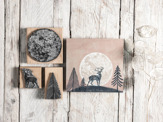 Highland Stag and Full Moon Rubber Stamps, Wild Grass Stamps, Craft Stamp, Craft Gift, Journalling Stamps, Art Stamp