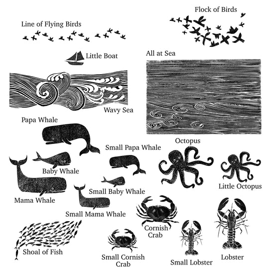 Lobster and Cornish Crab Rubber Stamps, sea stamps for card making - Noolibird