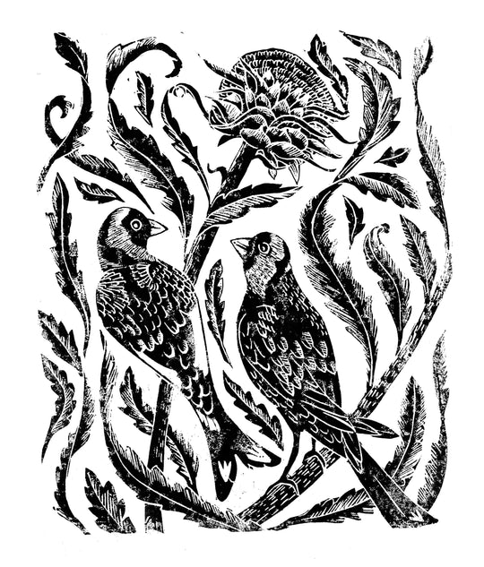 Gold Finches on the Thistles Rubber Stamp, Bird Rubber Stamp, Craft Gift Ac - Noolibird
