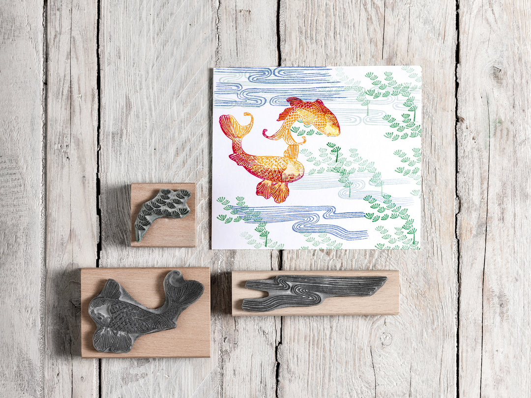 Koi Carp Rubber Stamps with Watery Stamps, Japanese Koi Carp Stamps - Noolibird