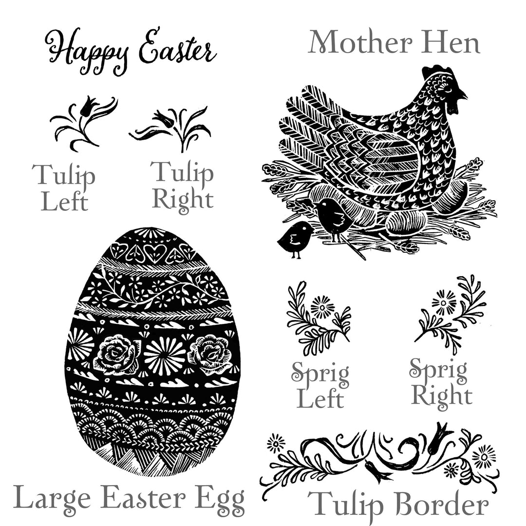 Mother Hen Easter Rubber Stamp and Folky Flowers - Noolibird