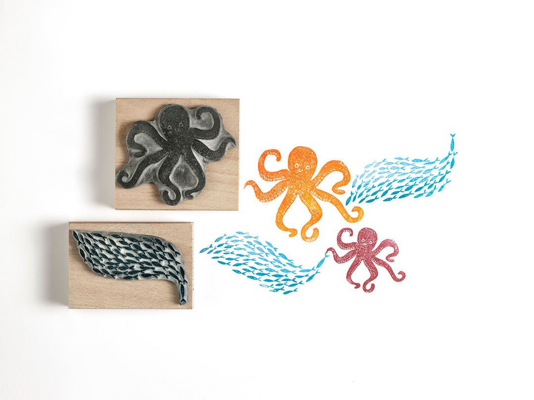 Octopus and Shoal of Fish Rubber Stamps - Noolibird