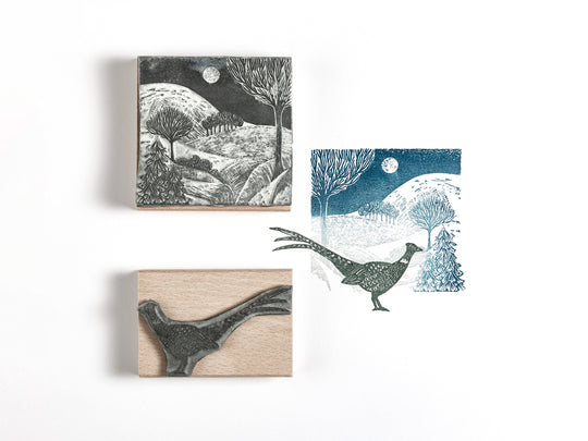Winter Landscape and Stag Stamp, Christmas Rubber Stamp, Stag Stamp, Pheasant Stamp - Noolibird