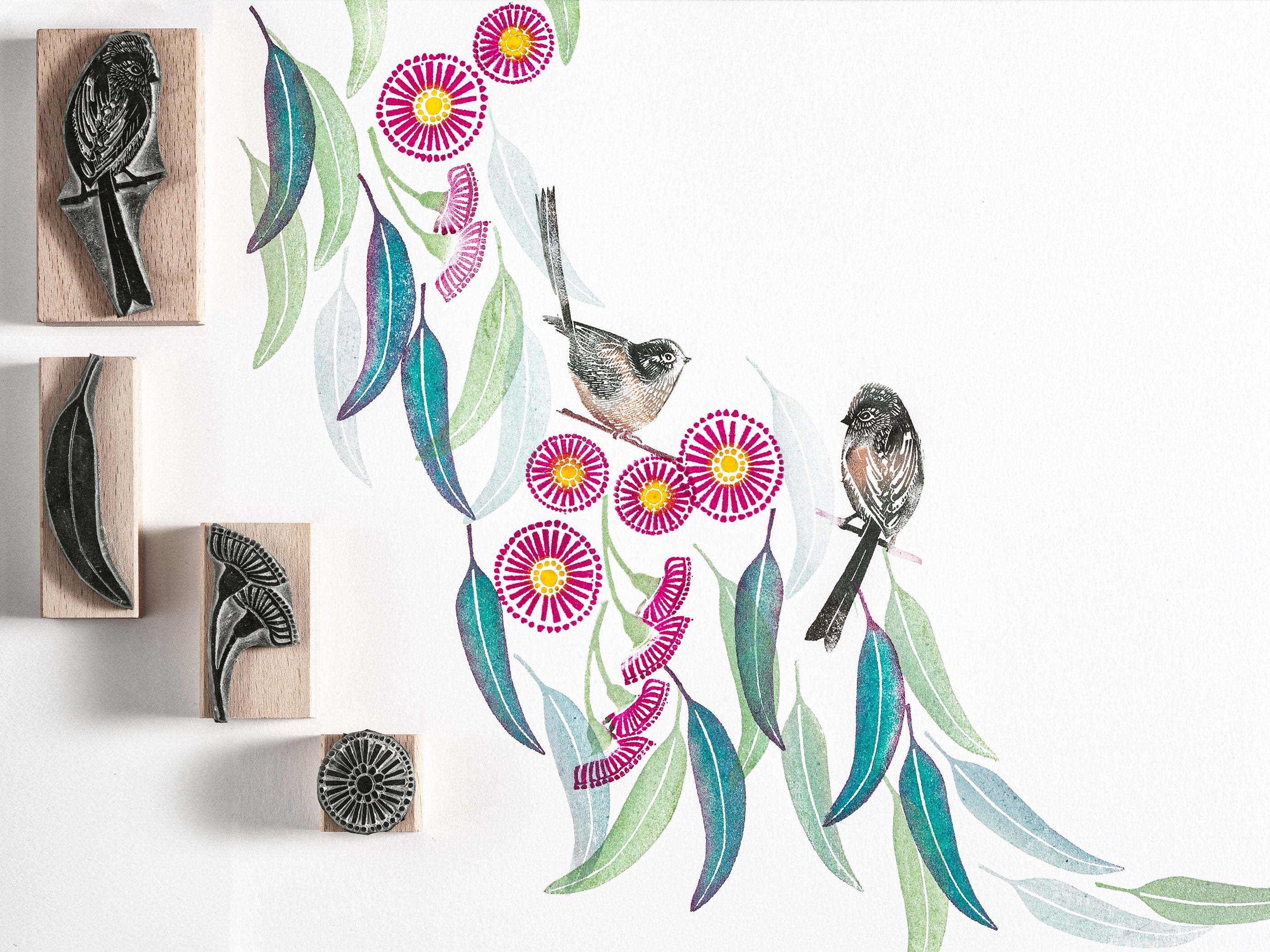 Eucalyptus Rubber Stamps, Bird Stamp, flower stamp, craft stamps. - Noolibird