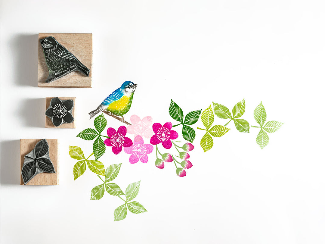 Bluetit Bird Rubber Stamp, Cherry Blossom Rubber Stamp, Flower Stamp, Bird Rubber Stamp - Noolibird