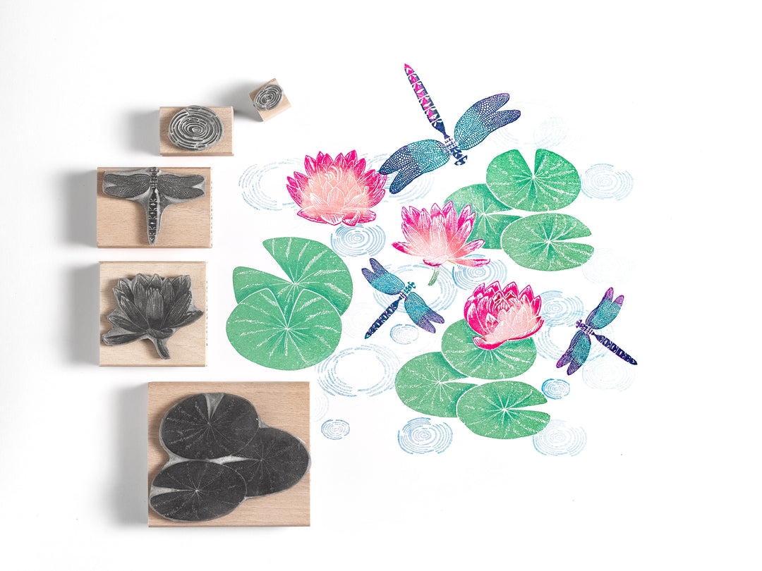 Water Lily and Dragonfly Rubber Stamps - Noolibird