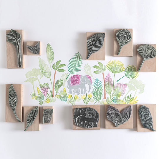 Elephant Rubber Stamp and Jungle Leaves - Noolibird