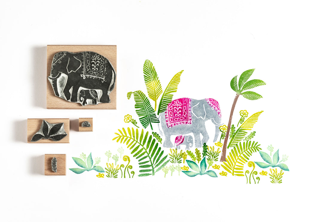 Elephant Rubber Stamp and Jungle Leaves - Noolibird
