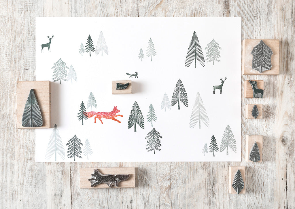 Fox and Fir Tree Rubber Stamps, Christmas Stamp for card making - Noolibird