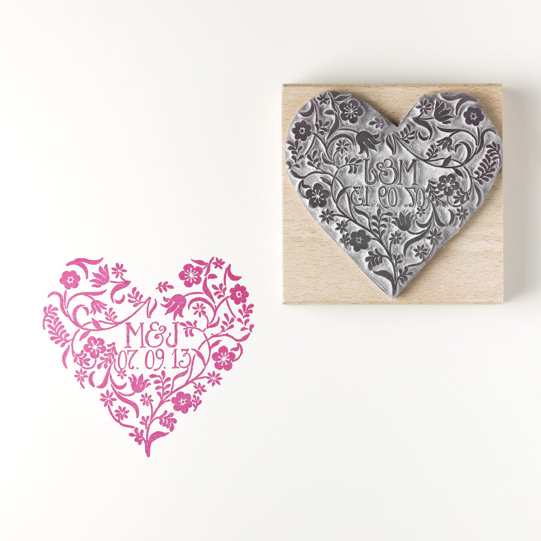 Personalised Flowery Heart Save the Date/Wedding Invitation Rubber Stamp (med size) - Noolibird