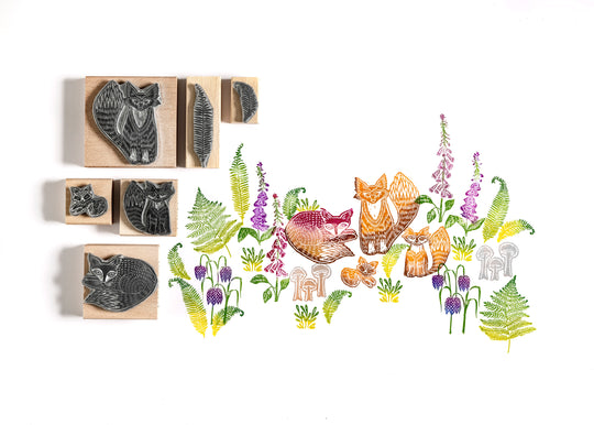 Fox Family Stamps with Ferns and Woodland Flowers - Noolibird