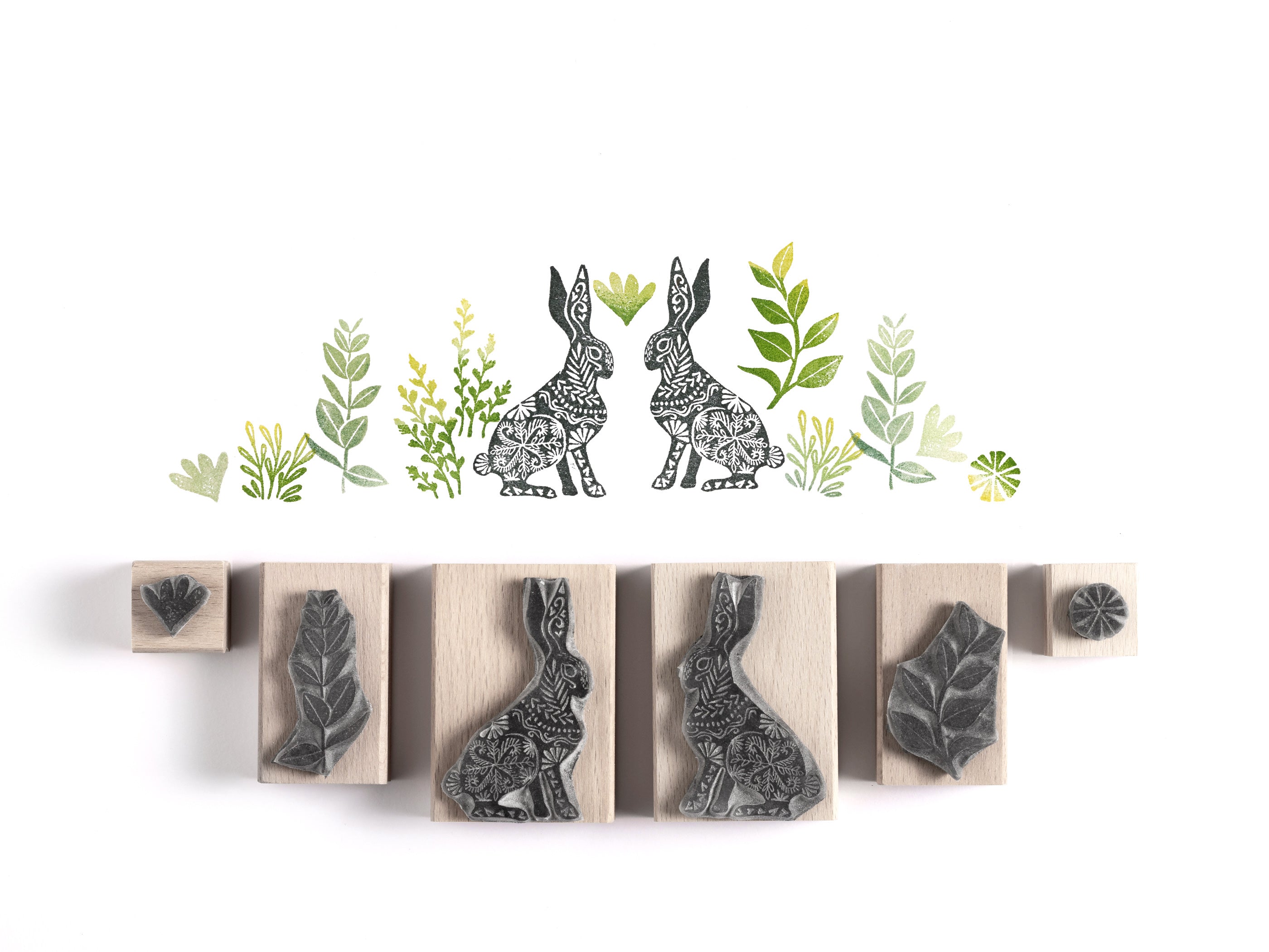 Hare Rubber Stamp, Easter Bunnies, Rabbit Stamps, Leaf and Foliage Stamps - Noolibird