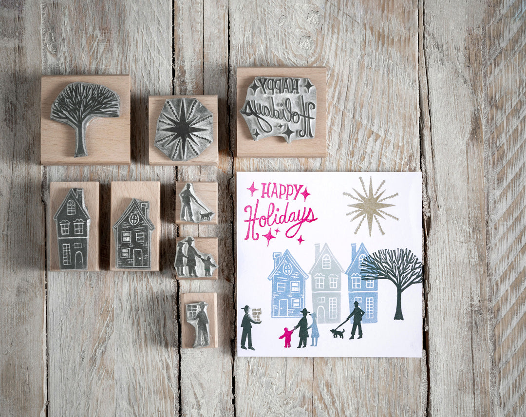 Tiny Town Christmas Rubber Stamps , Christmas Stamps, House Stamps, town stamp, people stamps - Noolibird
