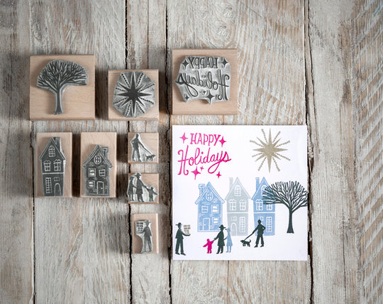 Tiny Town Christmas Rubber Stamps , Christmas Stamps, House Stamps, town stamp, people stamps - Noolibird