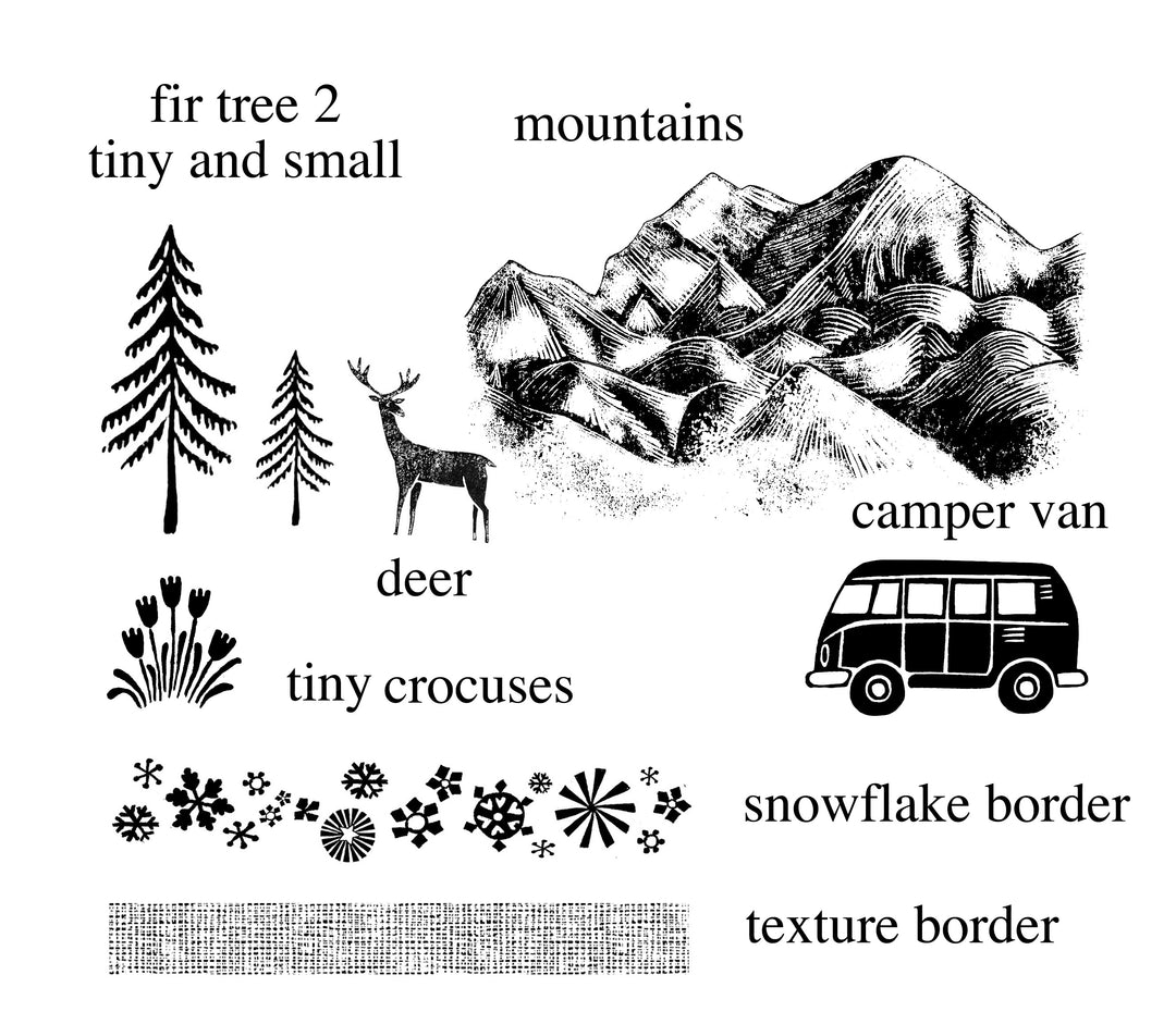 Camper Van in the Mountains Stamp, Van Life Rubber Stamps - Noolibird