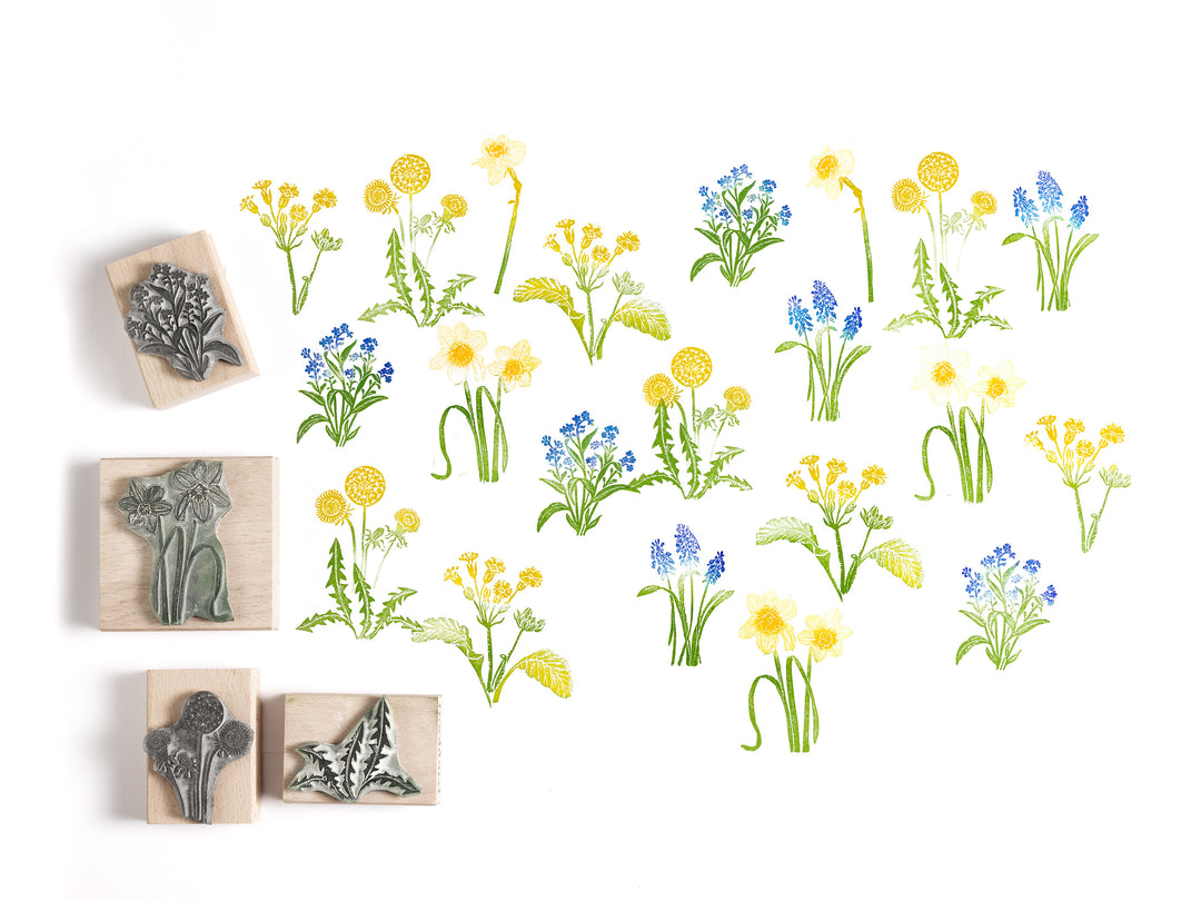 Springtime Flower Rubber Stamps, Wild Flower Stamps, Dandelion Stamp, Forget-me-not stamp, stamp for card making - Noolibird