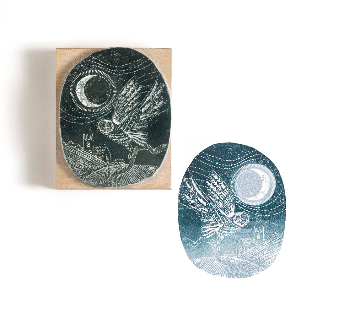 Night Owl Christmas Rubber Stamp, Owl in the Landscape Rubber Stamp, Christmas Stamp - Noolibird