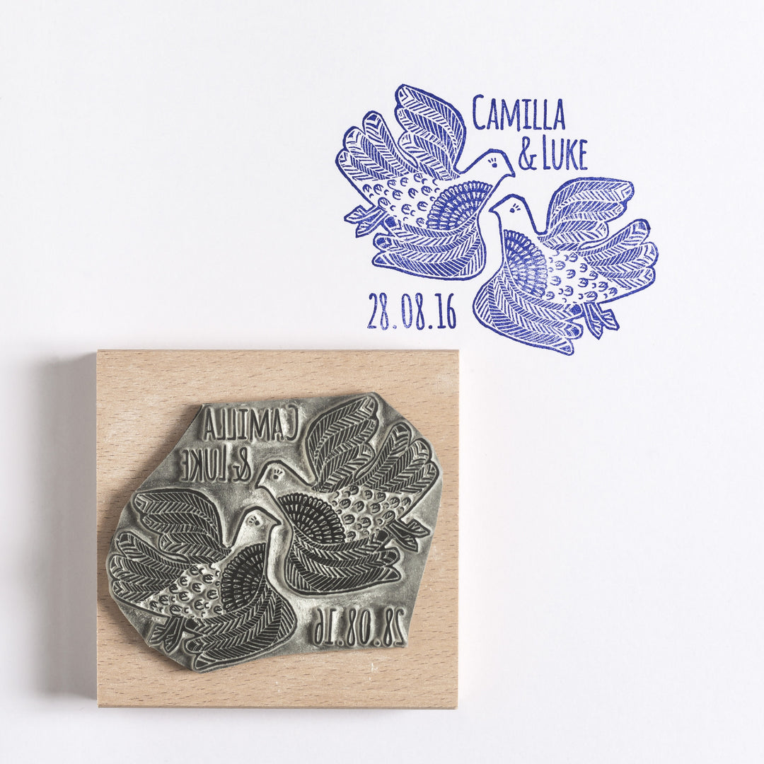 Personalised Lino Cut Love Birds Rubber Stamp - Noolibird