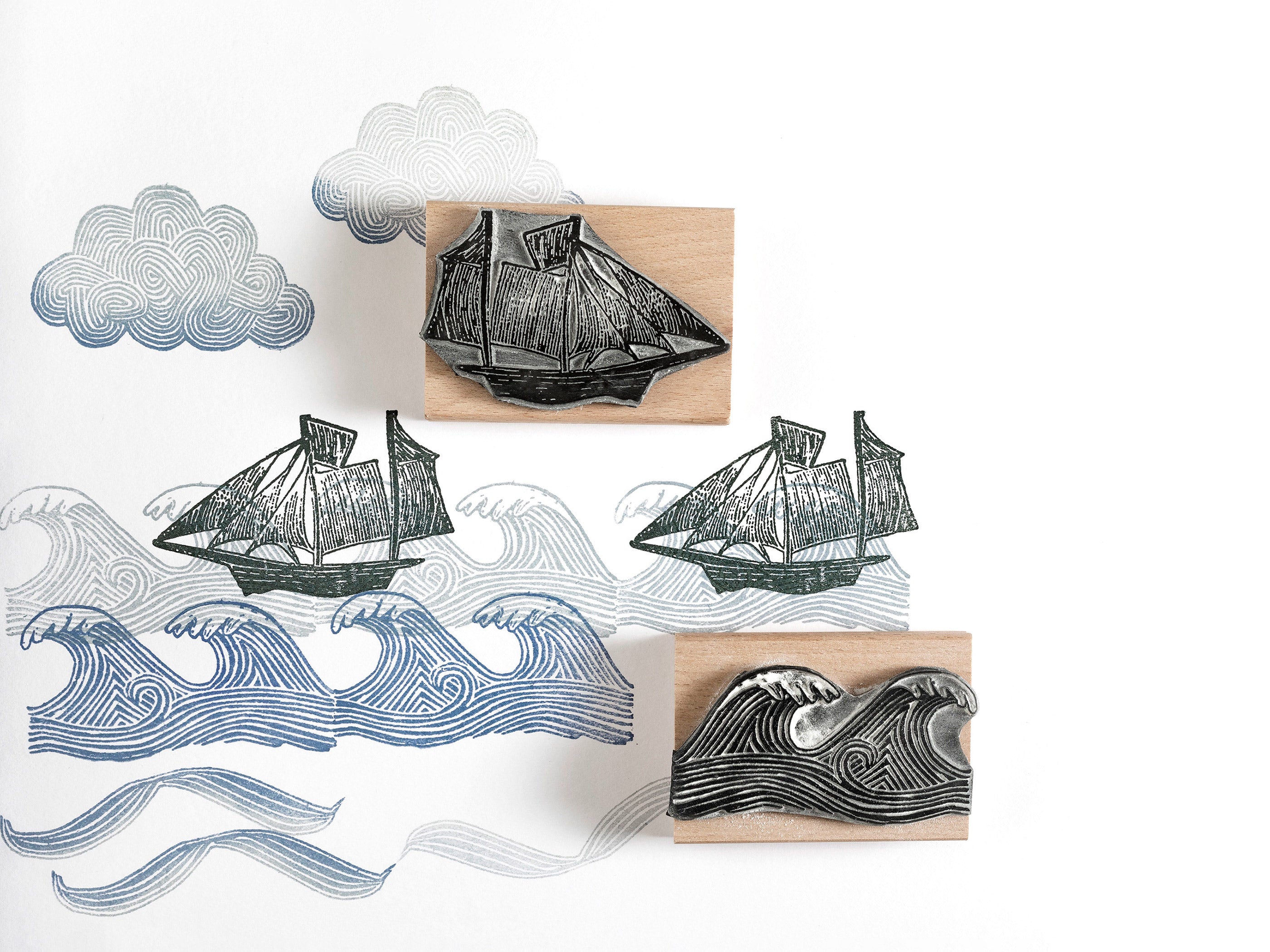 Sailing Ship, Waves and Cloud Rubber Stamps - Noolibird