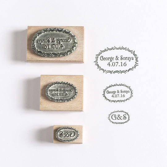 Scalloped and heart Oval Custom Wedding/Save the Date Rubber Stamp - Noolibird