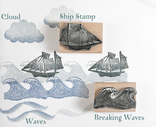 Sailing Ship, Waves and Cloud Rubber Stamps - Noolibird