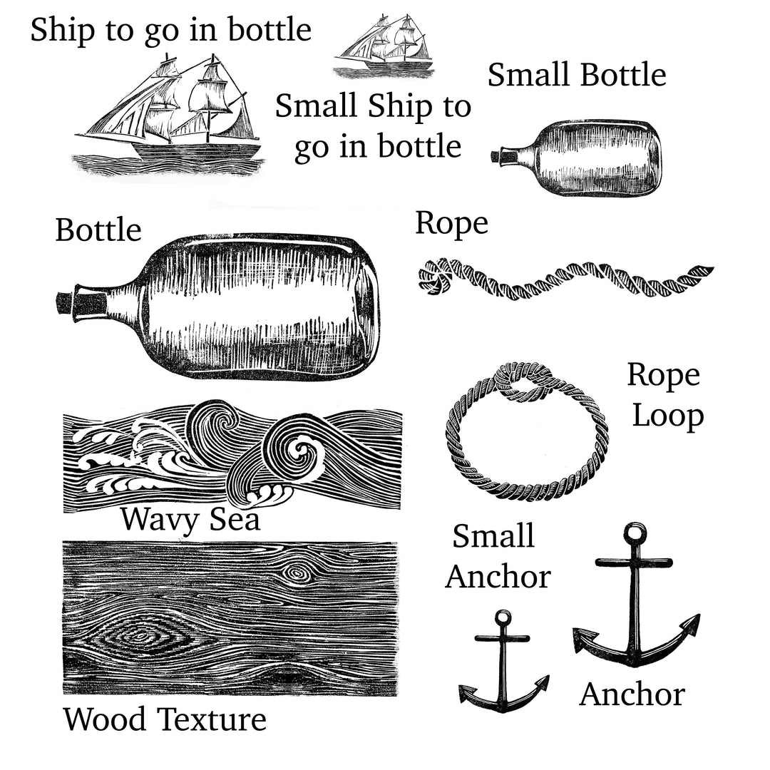 Ship in a Bottle Rubber Stamps, Sea themed stamps, Craft gift - Noolibird