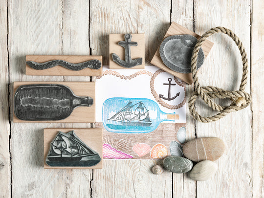 Ship in a Bottle Rubber Stamps, Sea themed stamps, Craft gift - Noolibird